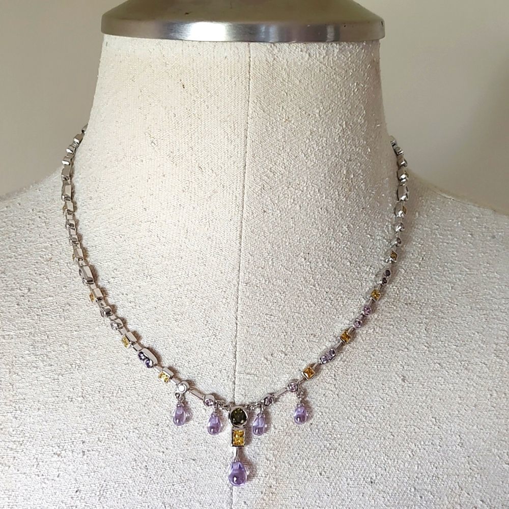 Sterling Silver 925 RP CZ Stones Crystal  Lavaliere Statement Necklace 18 1/2" - Picture 2 of 12